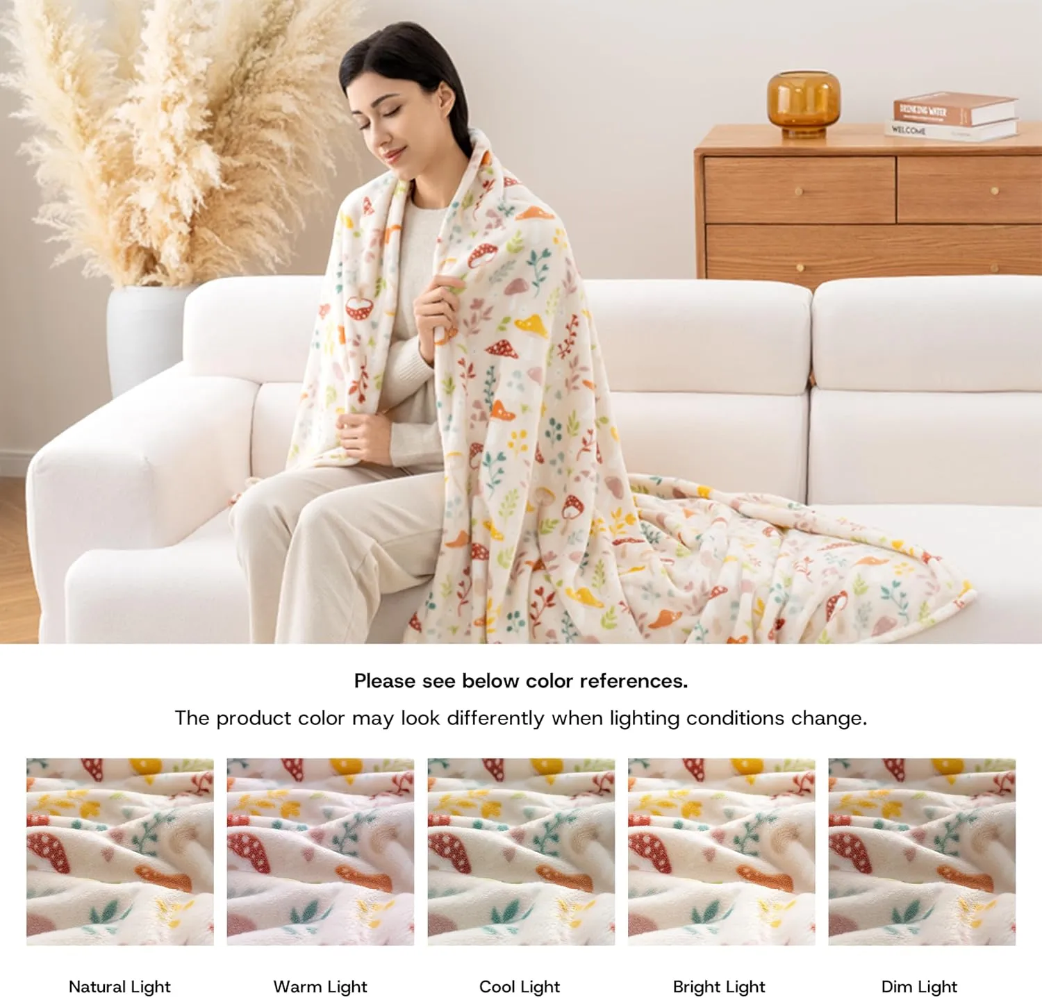 Luxury Printed Fleece Warm Blanket, Soft Lightweight Velvety Plush Throw for Couch and Bed, Cozy Comfy for All Seasons(Cream Various Mushrooms, 10890 Inches)