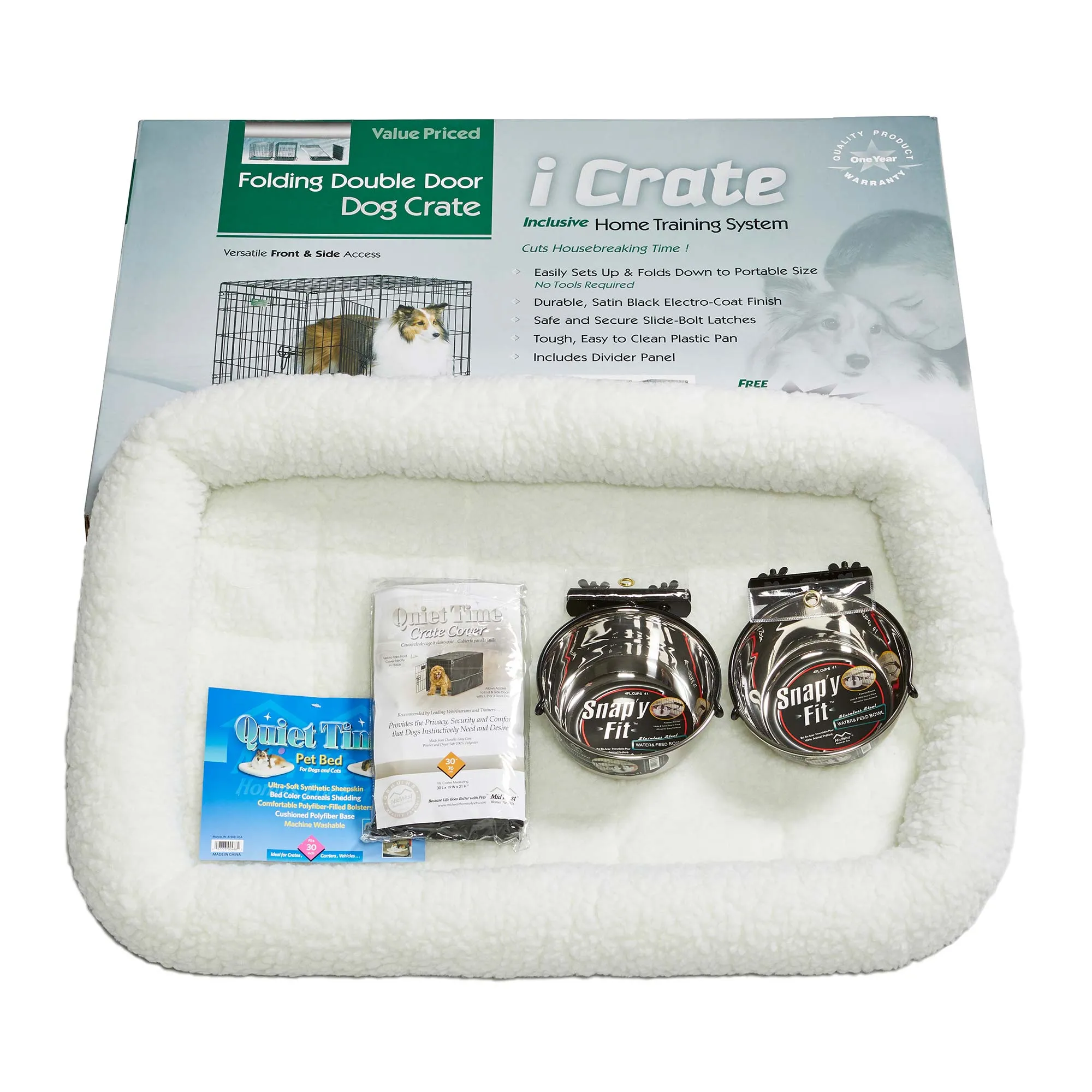 Midwest iCrate Dog Crate Kit - 2 Door Dog Crate, Fleece pet Bed, Crate Cover, Food and Water Bowls - Midwest Homes for Pets iCrate Dog Crate Kit