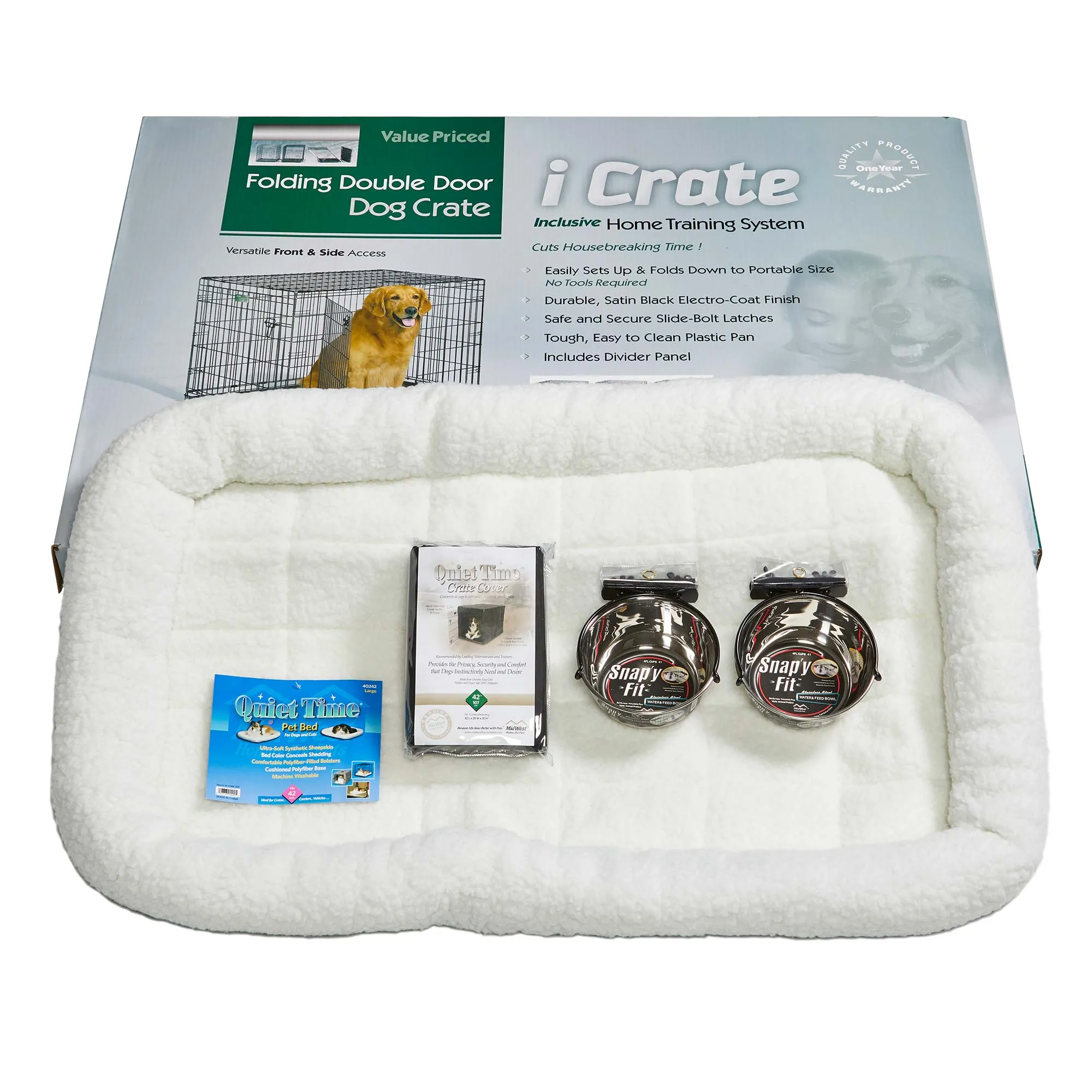Midwest iCrate Dog Crate Kit - 2 Door Dog Crate, Fleece pet Bed, Crate Cover, Food and Water Bowls - Midwest Homes for Pets iCrate Dog Crate Kit