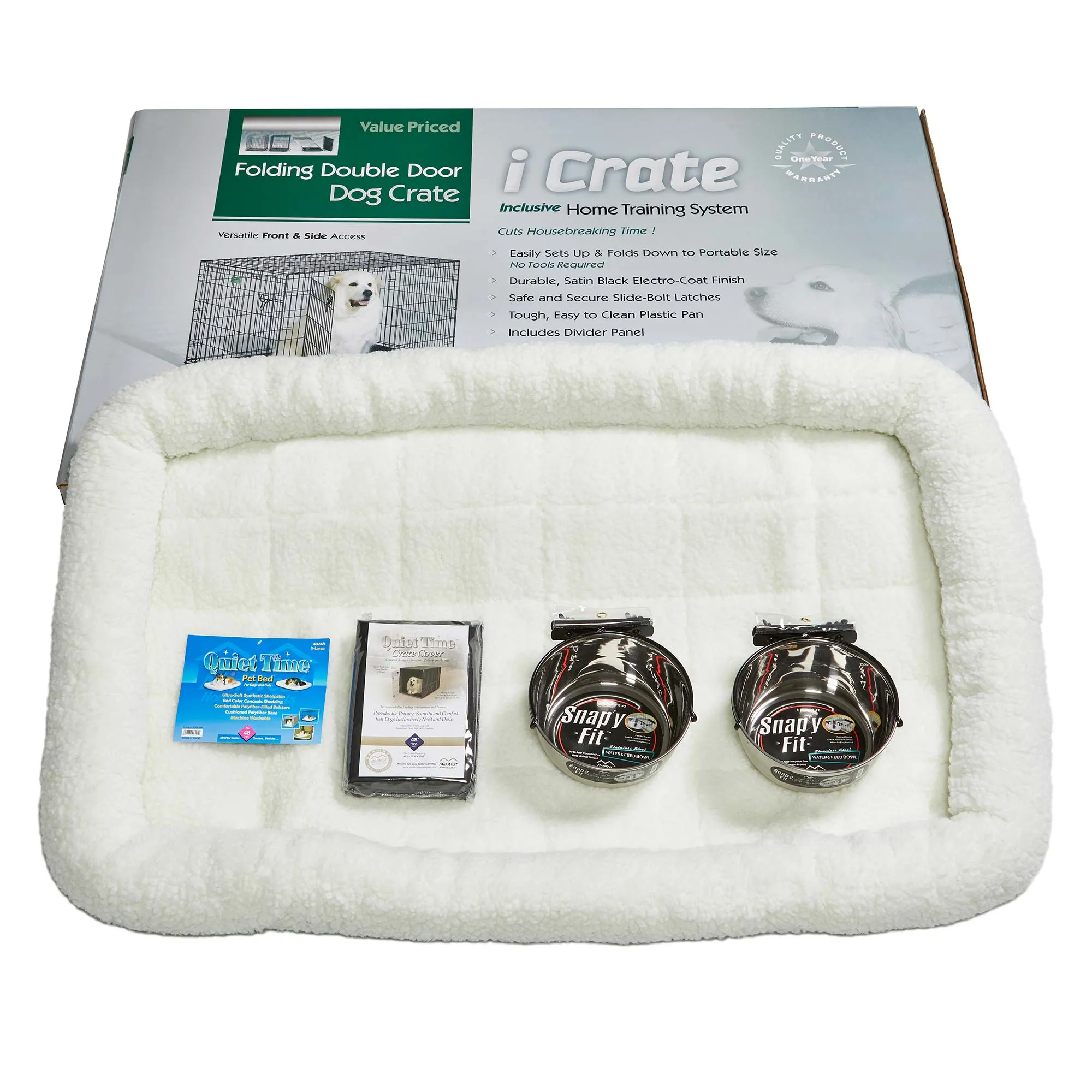 Midwest iCrate Dog Crate Kit - 2 Door Dog Crate, Fleece pet Bed, Crate Cover, Food and Water Bowls - Midwest Homes for Pets iCrate Dog Crate Kit