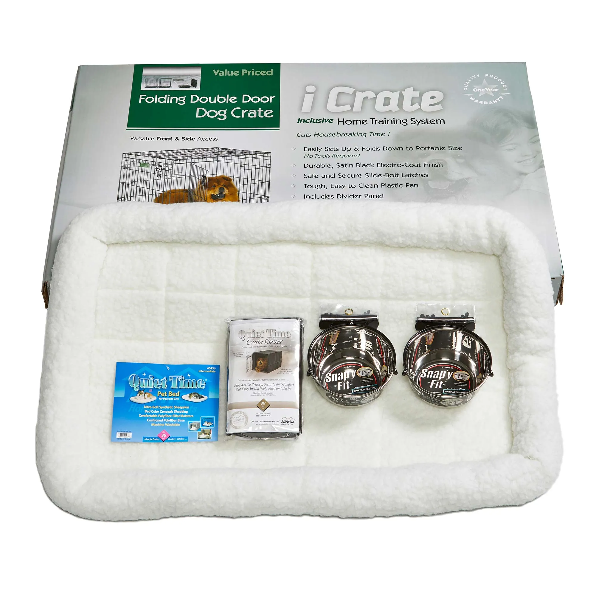 Midwest iCrate Dog Crate Kit - 2 Door Dog Crate, Fleece pet Bed, Crate Cover, Food and Water Bowls - Midwest Homes for Pets iCrate Dog Crate Kit