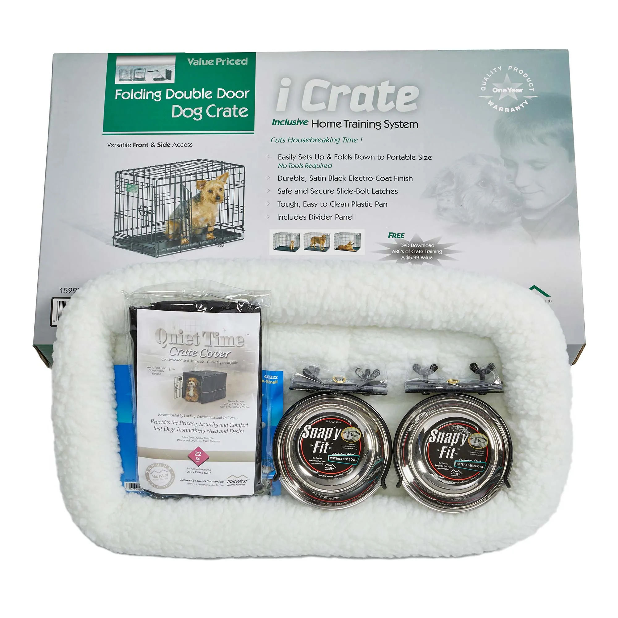 Midwest iCrate Dog Crate Kit - 2 Door Dog Crate, Fleece pet Bed, Crate Cover, Food and Water Bowls - Midwest Homes for Pets iCrate Dog Crate Kit
