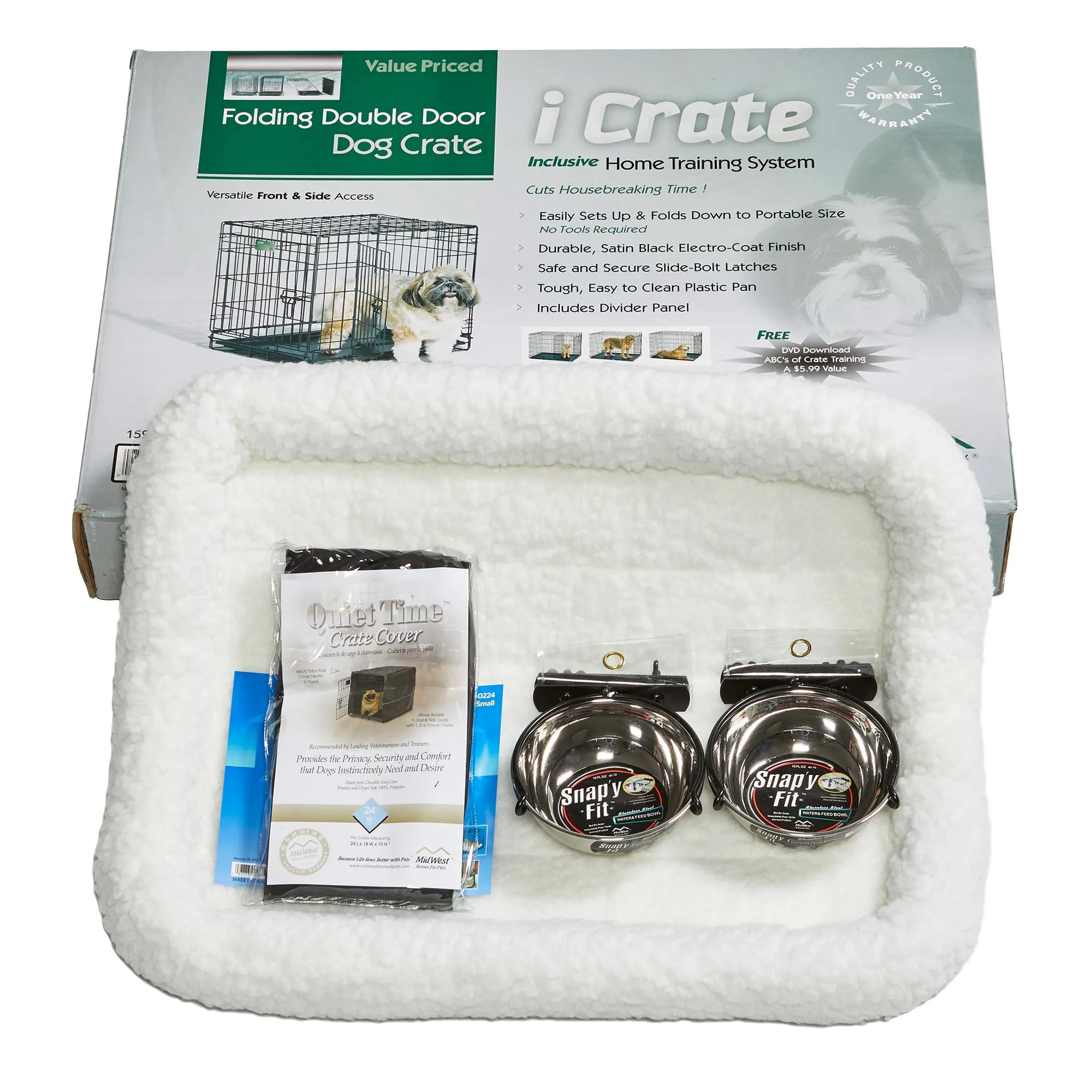 Midwest iCrate Dog Crate Kit - 2 Door Dog Crate, Fleece pet Bed, Crate Cover, Food and Water Bowls - Midwest Homes for Pets iCrate Dog Crate Kit