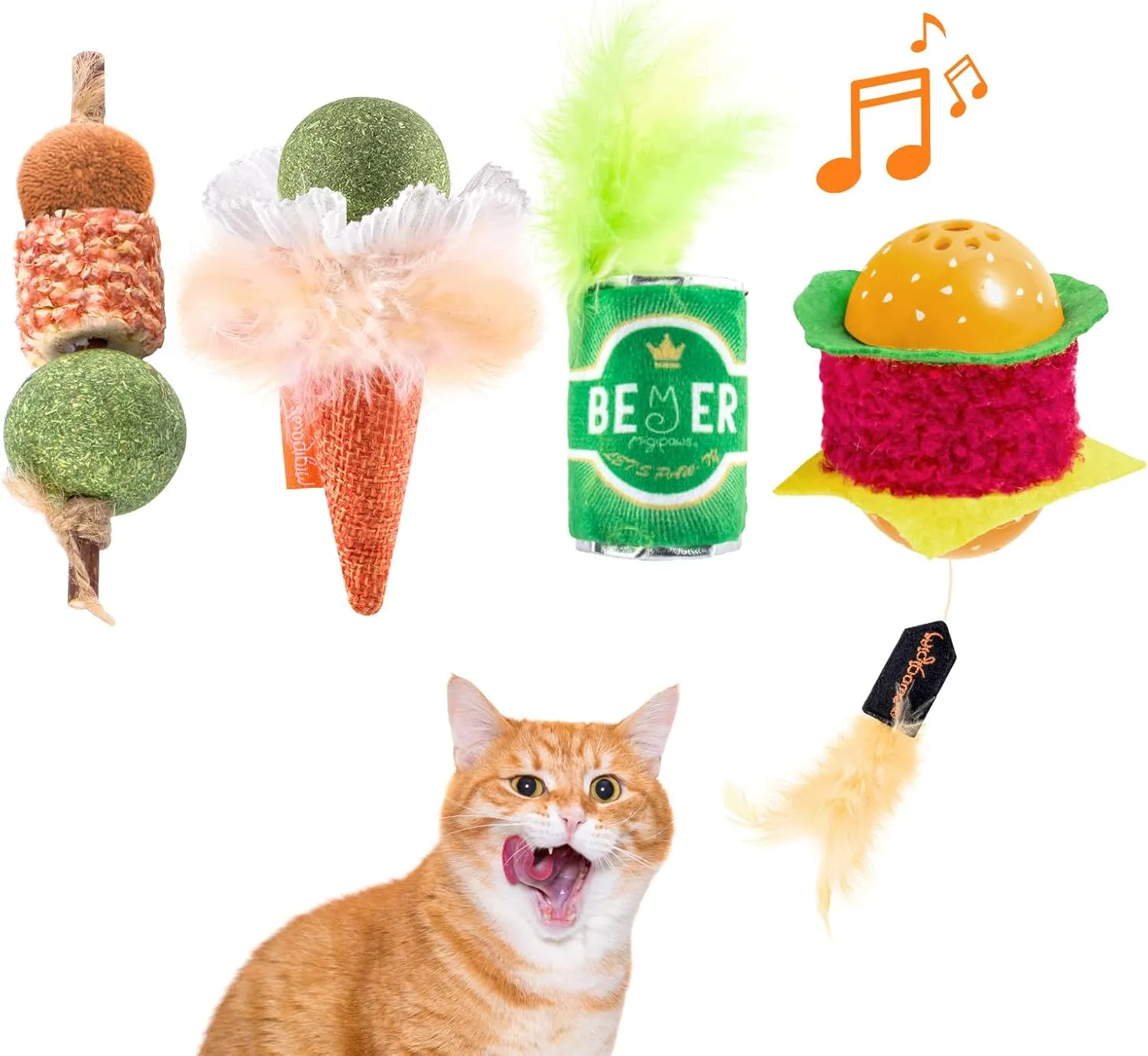 Migipaws Catnip Toys for Indoor Cats,Interactive Kitten Kick Toys,Like Food Toy Pack with Feather,Silver Vine,Squeaker Sound