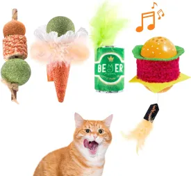 Migipaws Catnip Toys for Indoor Cats,Interactive Kitten Kick Toys,Like Food Toy Pack with Feather,Silver Vine,Squeaker Sound