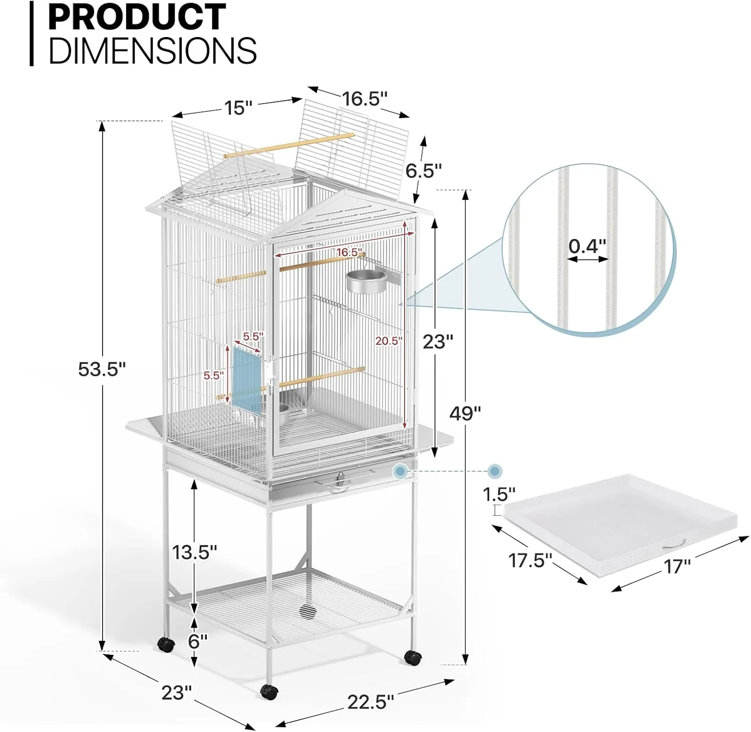 MoNiBloom 54 Inch Bird Cage w/Acrylic Door, Open Top Roof Birdcage for Finches Canaries Lovebirds Medium Small Parrots, Flight Birdcage w/Rolling Stand, White