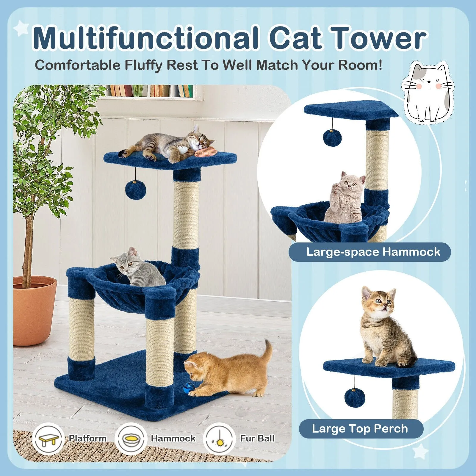 Multi-level Cat Activity Tree with Top Perch and Scratching Posts-Blue