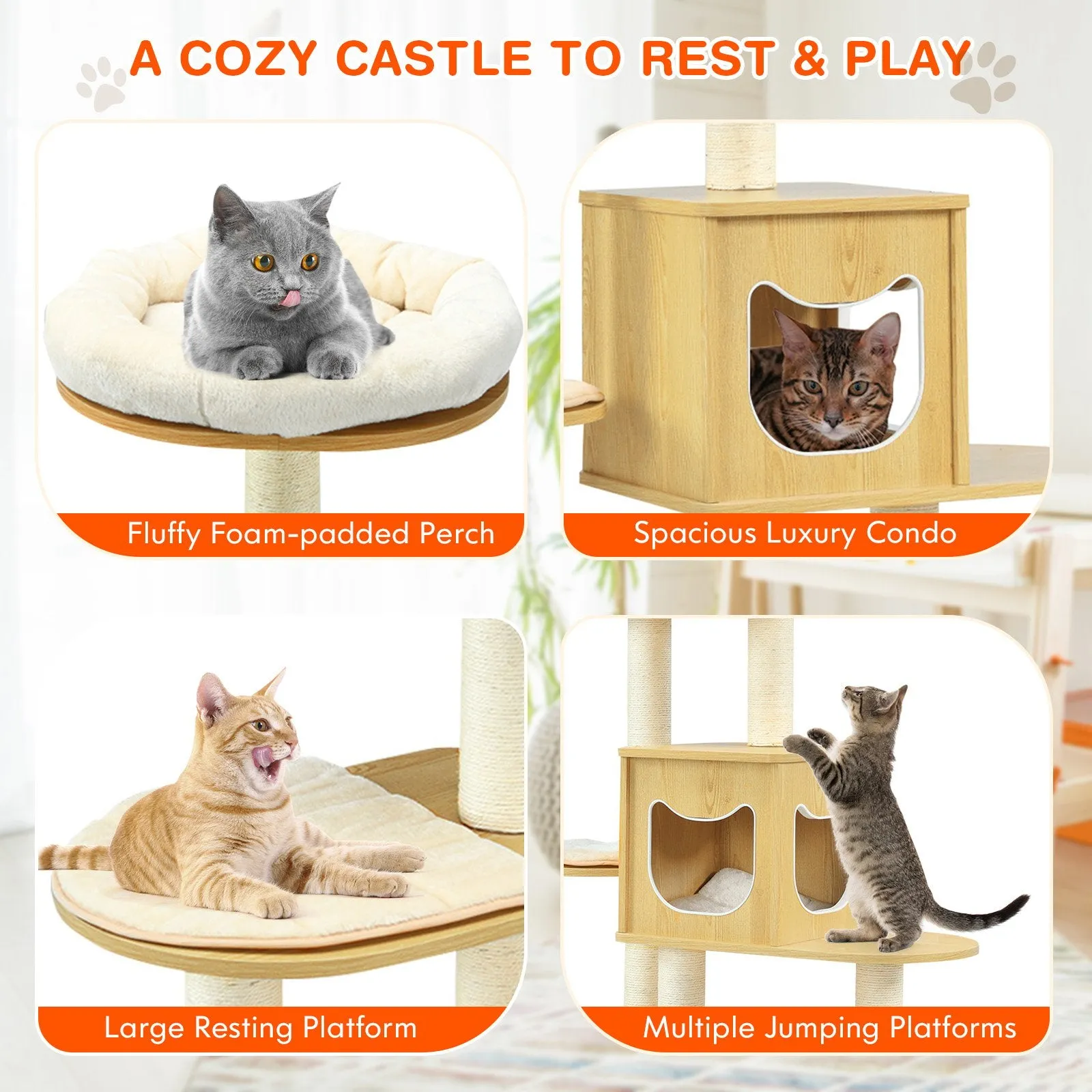 Multi-level Cat Tree with Scratching Posts Condo and Perches-Natural