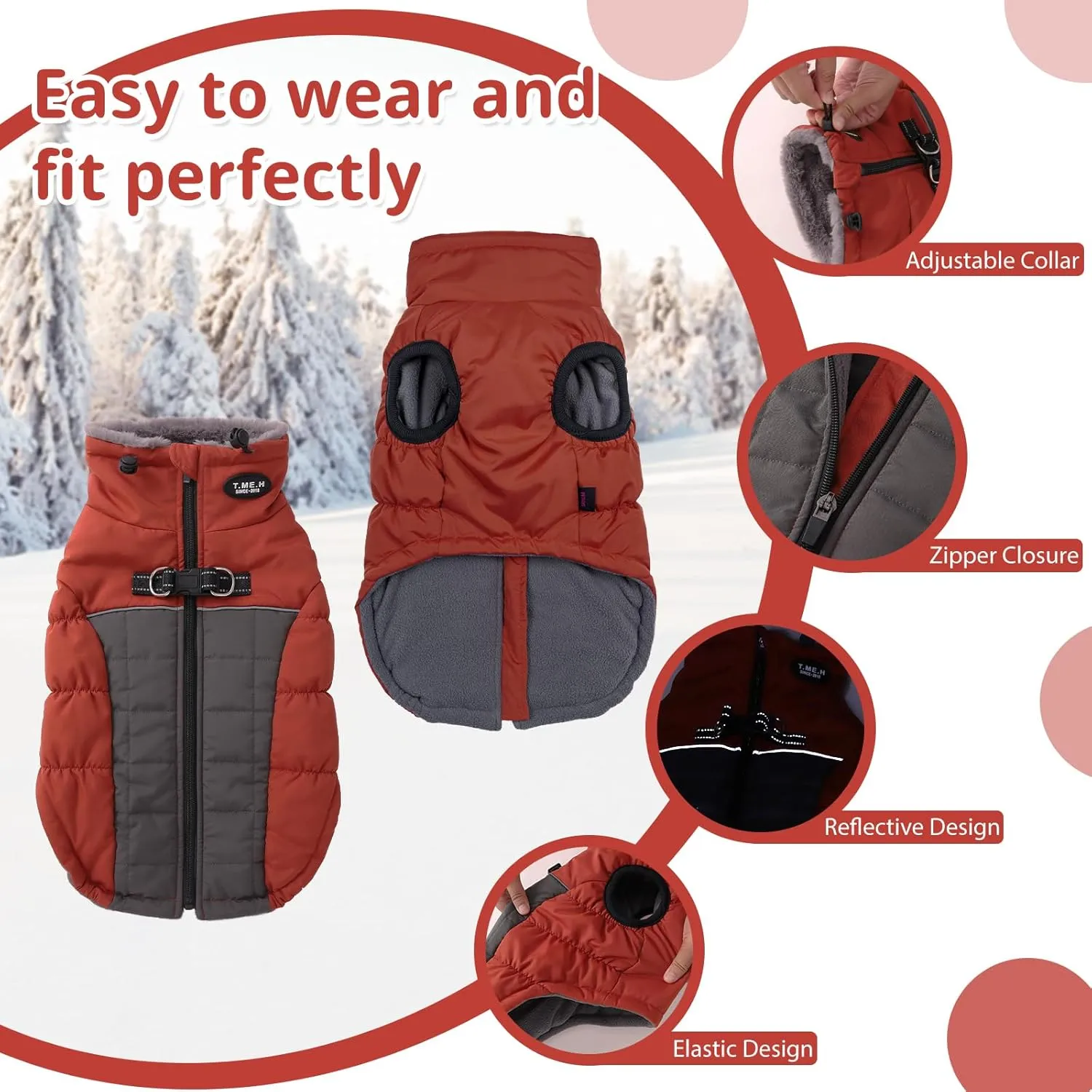 Norbi Winter Coat, Warm Reflective Waterproof Turtleneck Cozy Dog Jacket (Large, Brick Red)