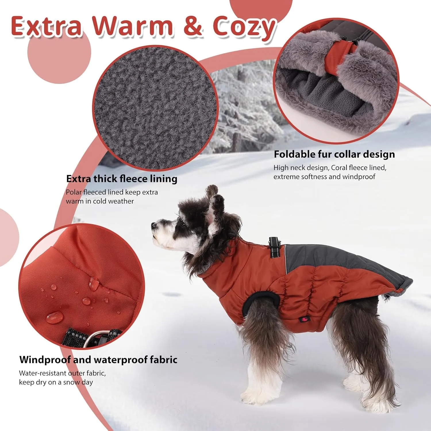 Norbi Winter Coat, Warm Reflective Waterproof Turtleneck Cozy Dog Jacket (Large, Brick Red)