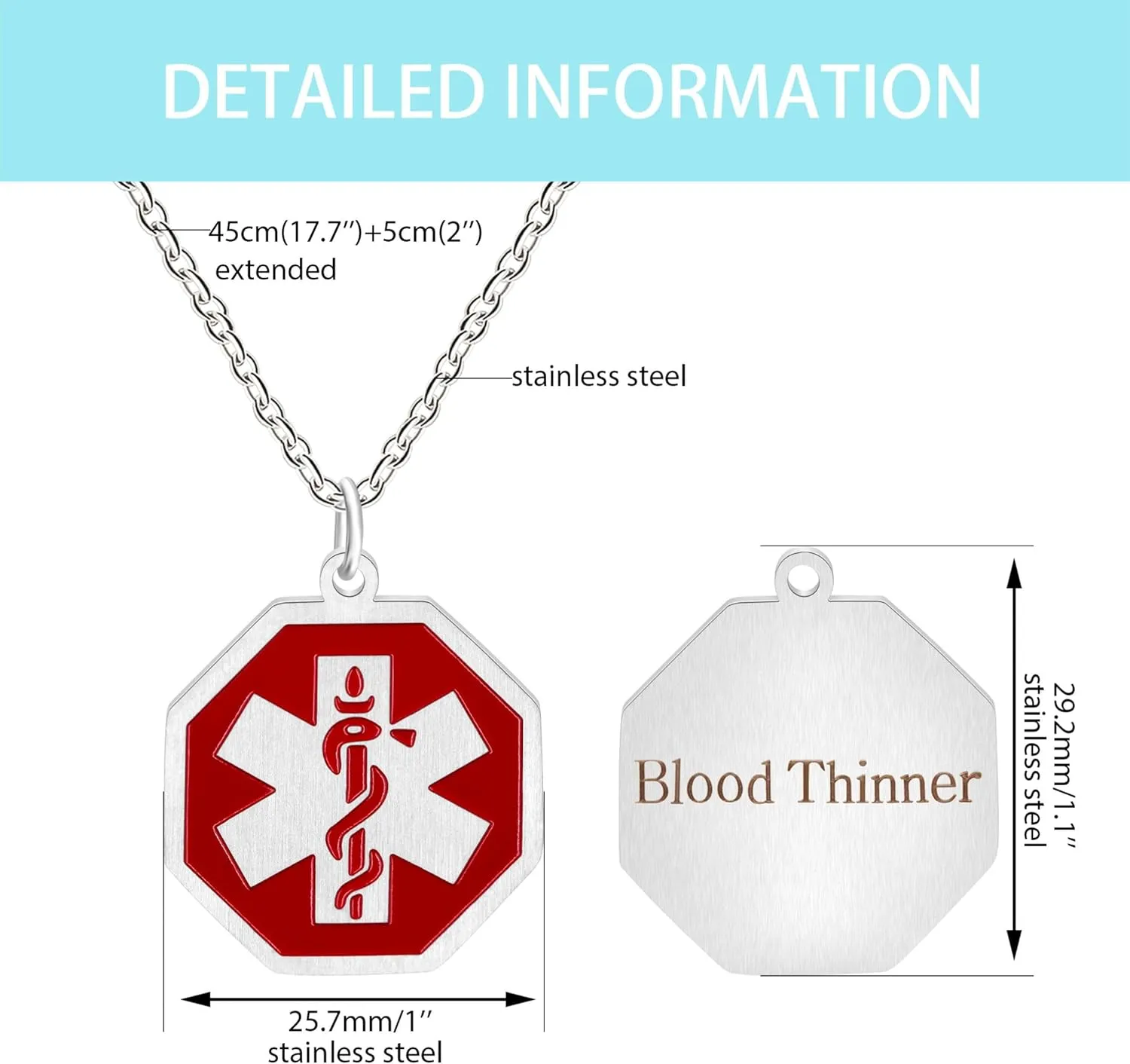 Octagon-Shape Pendant Medical Emergency Necklace Stainless Steel Medical ID Alert Necklaces for Men and Women
