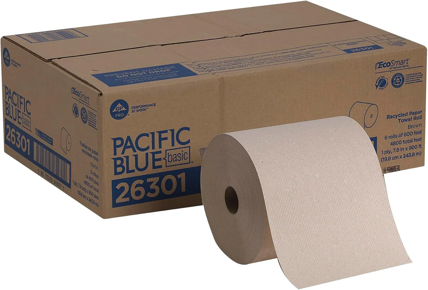 Pacific Blue Basic Recycled Hardwound Paper Towel Rolls by GP PRO (Georgia-Pacific), Brown, 26301, 800 Feet Per Roll, 6 Rolls Per Case