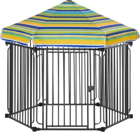 PawHut 48" x 41" Heavy-Duty Metal Dog Playpen, Outdoor Pet Cage Kennel, Puppy Exercise Fence Barrier with Weather-Resistant Polyester Roof, Locking Door, & Metal Frame