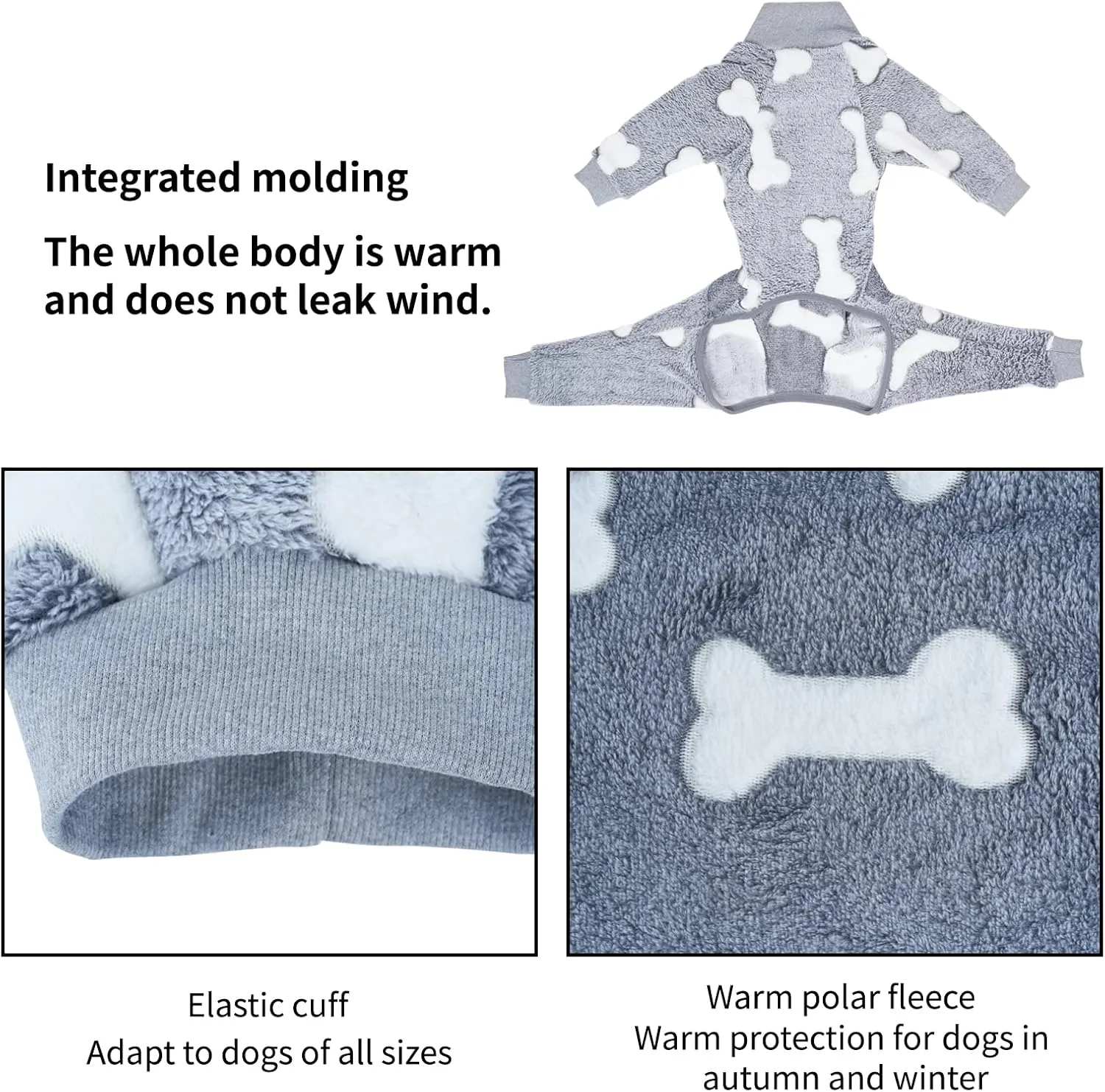 Plush Dog Pajamas for Cold Weather 4 Legs Clothes Dog Stretch Good Fit Fit Medium and Large Dog Onesie Warm Soft Pet Romper Winter (M, Gray)