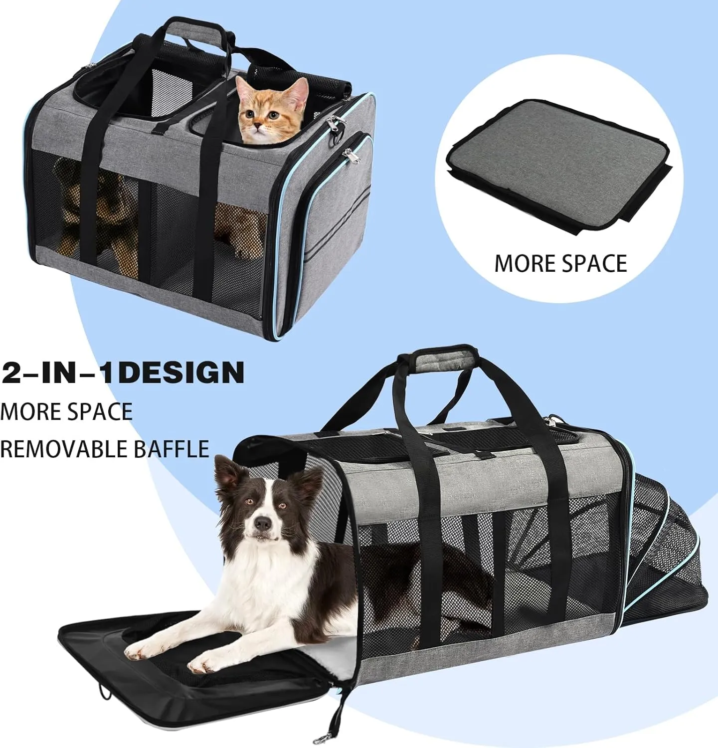 Portable 2-in-1 Pet Carrier,Double Compartment Cat & Dog Carrier for 2 Cats,Expandable Medium Dogs Large Cat Carrier with Sturdy Base,Breathable,Good for Traveling Walking CampingBlue