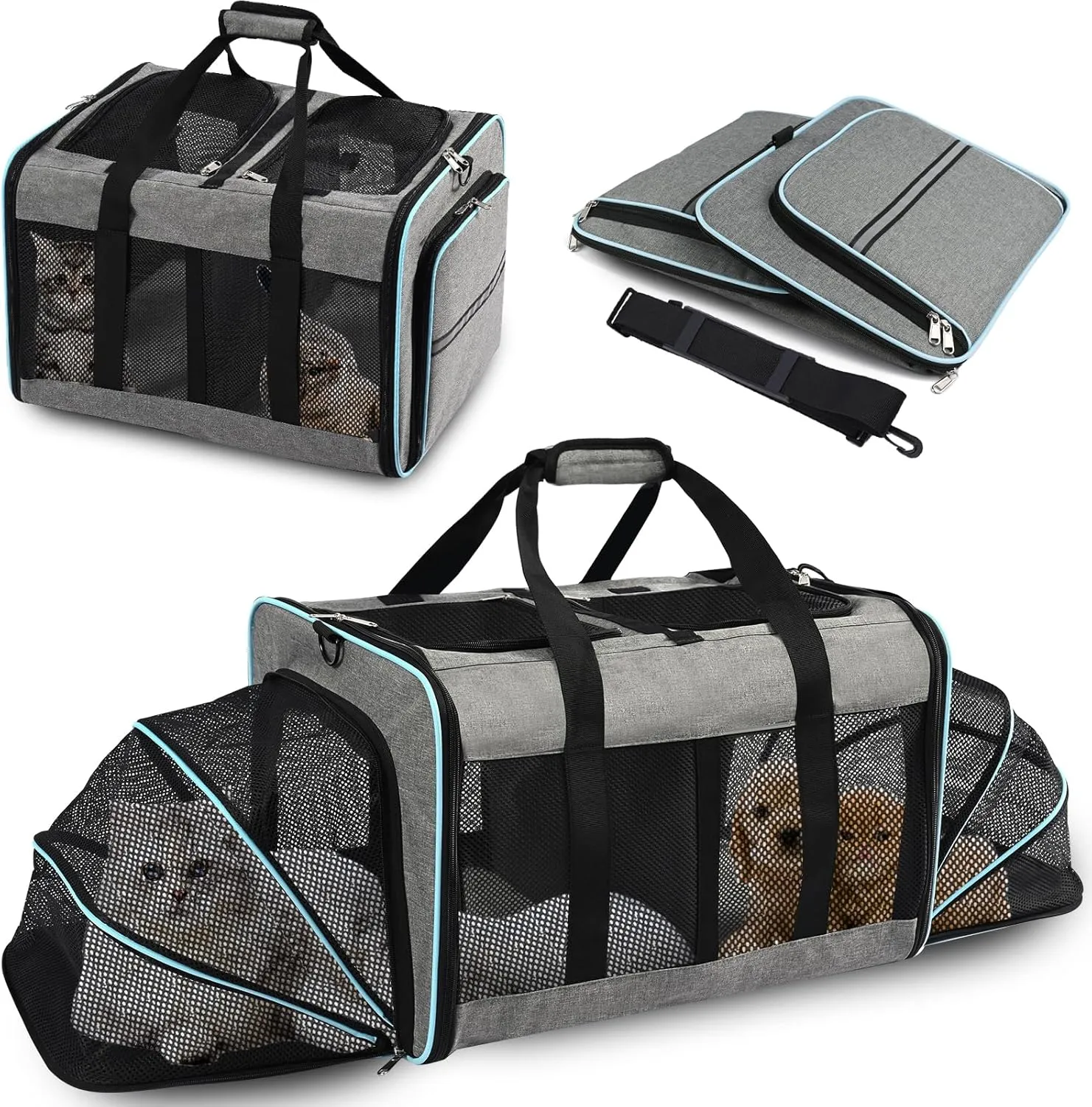 Portable 2-in-1 Pet Carrier,Double Compartment Cat & Dog Carrier for 2 Cats,Expandable Medium Dogs Large Cat Carrier with Sturdy Base,Breathable,Good for Traveling Walking CampingBlue