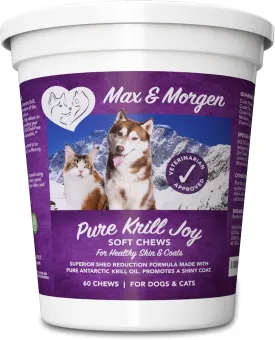 Pure Krill Joy, Antarctic Krill Oil Soft Chews for Dogs, Rich in Omega 3 and Antioxidants, Unique Shed Reducing Formula, Improves Skin and Coat, Low Allergen, Made in The USA, 60 Soft Chews.