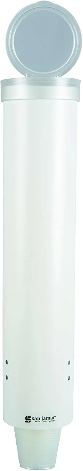 San Jamar Medium Pull-Type Cup Dispenser 4-10 Oz. Cups with Flip Cap for Restaurants, Dining Halls, and Fast Food Plastic, 16 Inches, White