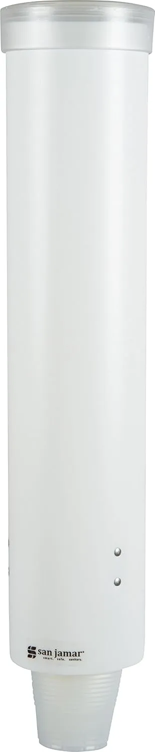 San Jamar Medium Pull-Type Cup Dispenser 4-10 Oz. Cups with Flip Cap for Restaurants, Dining Halls, and Fast Food Plastic, 16 Inches, White