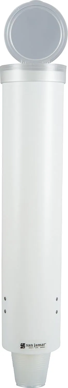 San Jamar Medium Pull-Type Cup Dispenser 4-10 Oz. Cups with Flip Cap for Restaurants, Dining Halls, and Fast Food Plastic, 16 Inches, White