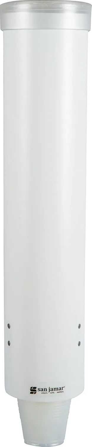 San Jamar Medium Pull-Type Cup Dispenser 4-10 Oz. Cups with Flip Cap for Restaurants, Dining Halls, and Fast Food Plastic, 16 Inches, White