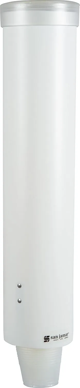 San Jamar Medium Pull-Type Cup Dispenser 4-10 Oz. Cups with Flip Cap for Restaurants, Dining Halls, and Fast Food Plastic, 16 Inches, White