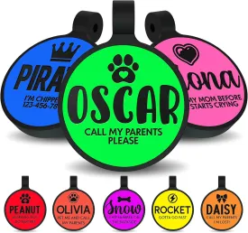 Silent Dog Tags Engraved for Pets, Double Sided - Personalized Soundless Silicone Pet Tags for Dogs and Cats with Custom Name, Icon and Design - No More Jingling, Durable - Round Shape