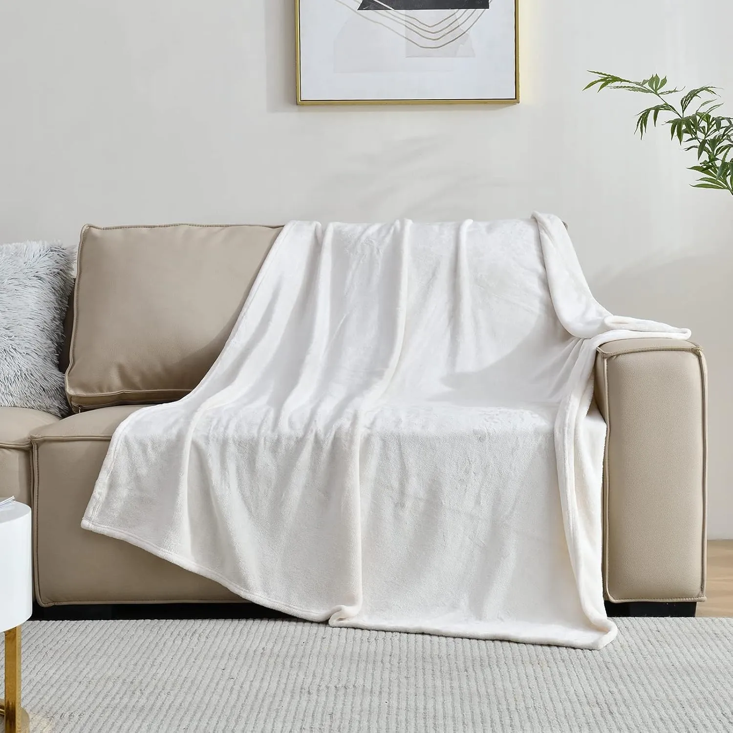 SOCHOW Flannel Fleece Blanket Throw Size, All Season Super Soft Cozy Blanket for Bed or Couch, Cream White, 50x60 inches