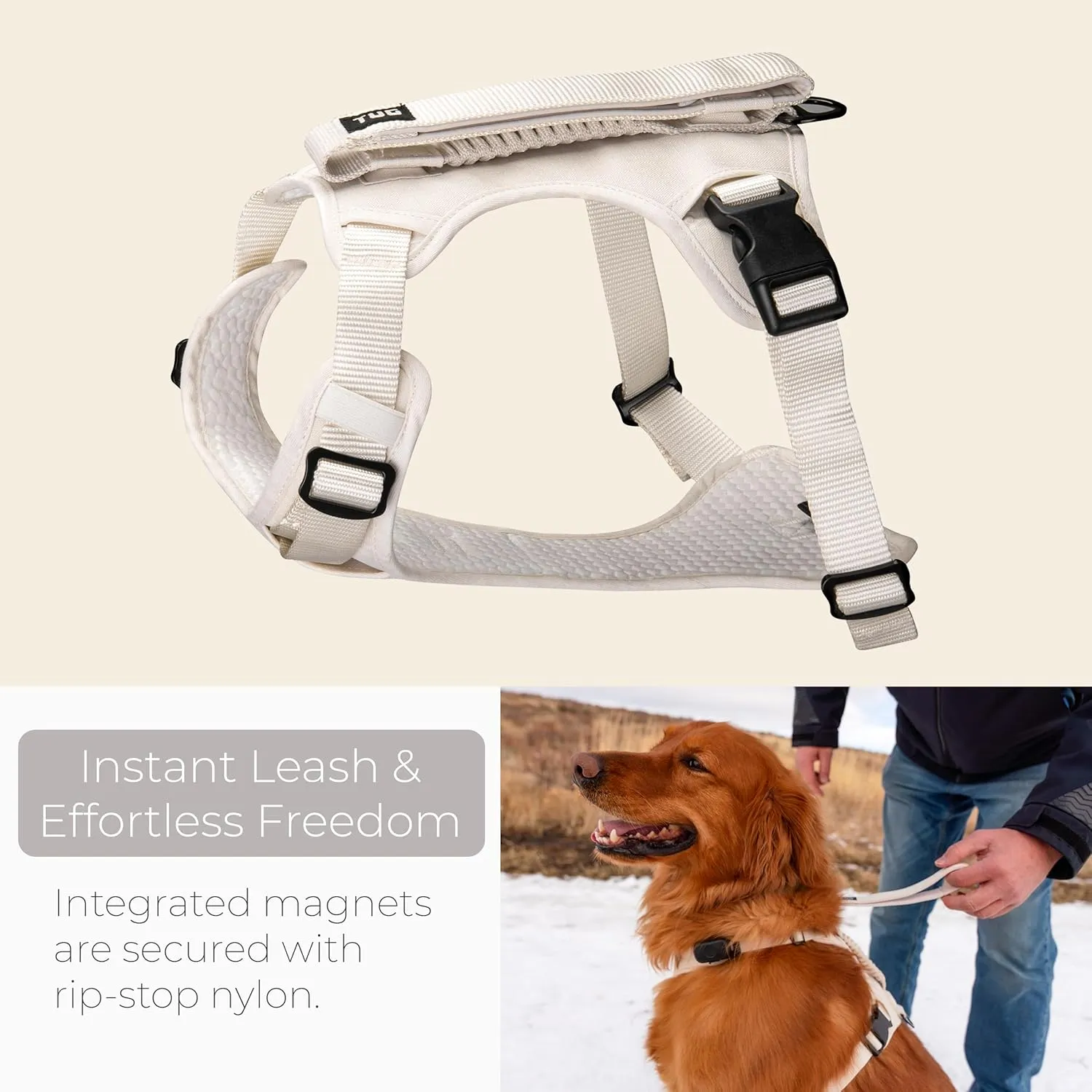TUG Grab Dog Harness | Integrated Traffic Leash Magnetically Attached for Quick Control (XL/Cream)