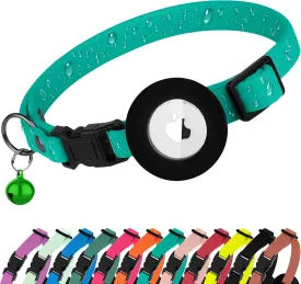 Waterproof Breakaway Cat Collar with Removable Airtag Holder - Cute Safety Apple Airtag Cat Collars with Bell - Lightweight GPS Tracking Pet Collar for Girl Boy Cats Kitten (Teal)