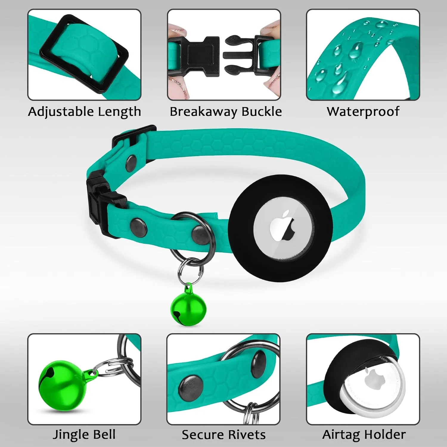 Waterproof Breakaway Cat Collar with Removable Airtag Holder - Cute Safety Apple Airtag Cat Collars with Bell - Lightweight GPS Tracking Pet Collar for Girl Boy Cats Kitten (Teal)