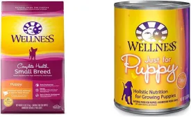 Wellness Complete Health Small Breed Dry Puppy Food, Turkey, Oatmeal & Salmon Meal, 4 Pound Bag   Wellness Wet Puppy Food, Chicken & Salmon, 12 Cans, 12.5 Ounce Can