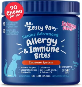 Zesty Paws Dog Allergy Relief - Anti Itch Supplement - Omega 3 Probiotics for Dogs - Digestive Health - Soft Chews for Skin & Seasonal Allergies - with Epicor Pets - Senior - Salmon - 90 Count