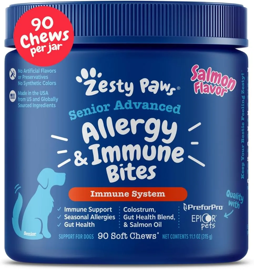 Zesty Paws Dog Allergy Relief - Anti Itch Supplement - Omega 3 Probiotics for Dogs - Digestive Health - Soft Chews for Skin & Seasonal Allergies - with Epicor Pets - Senior - Salmon - 90 Count